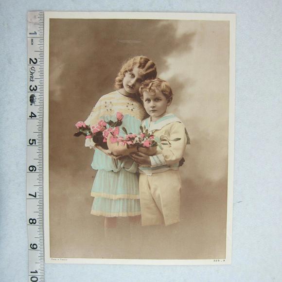 Antique 1920s Photo Print Little Girl & Boy in Sailor Suit & Pink Flowers France - Picture 5 of 12